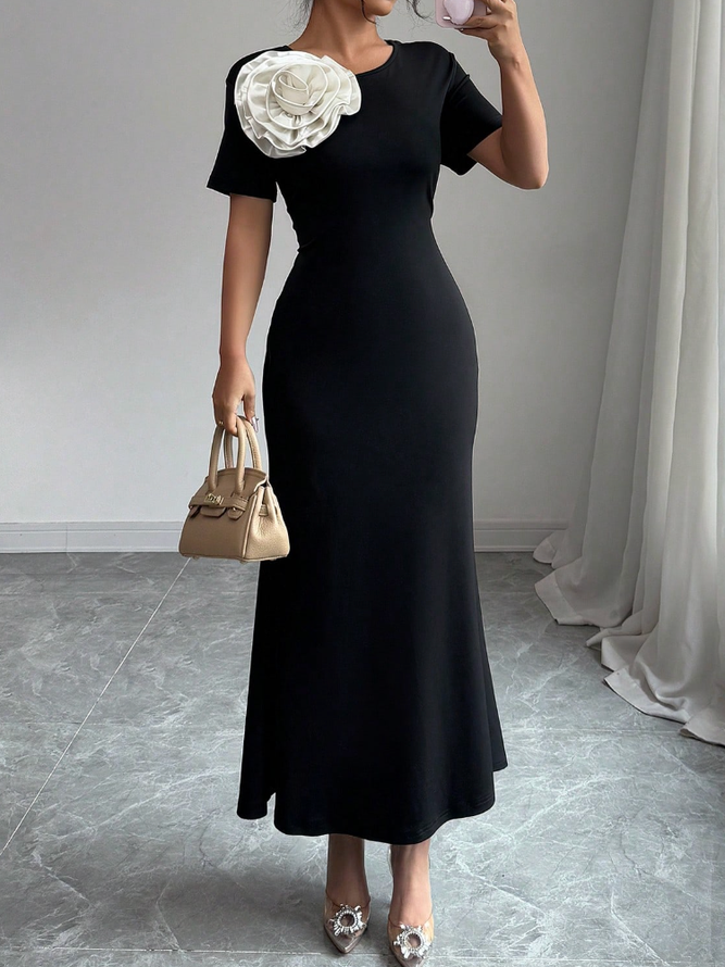 Elegant Color Block 3D Floral Midi Dress