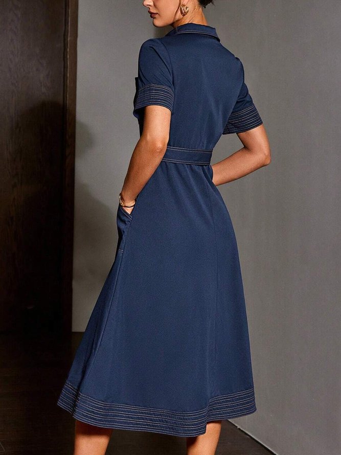 Denim Casual Plain Buttoned Midi Dress Wtih Belt