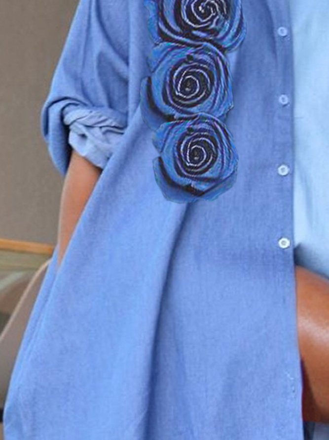 Faux Denim Casual Color Block Dolman Sleeve Split Joint Shirt Collar 3D Floral Midi Dress