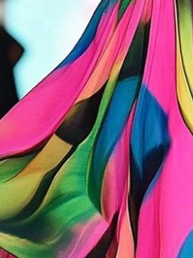 Vacation Random Print Side-Slit Stand Collar Maxi Dress With Belt