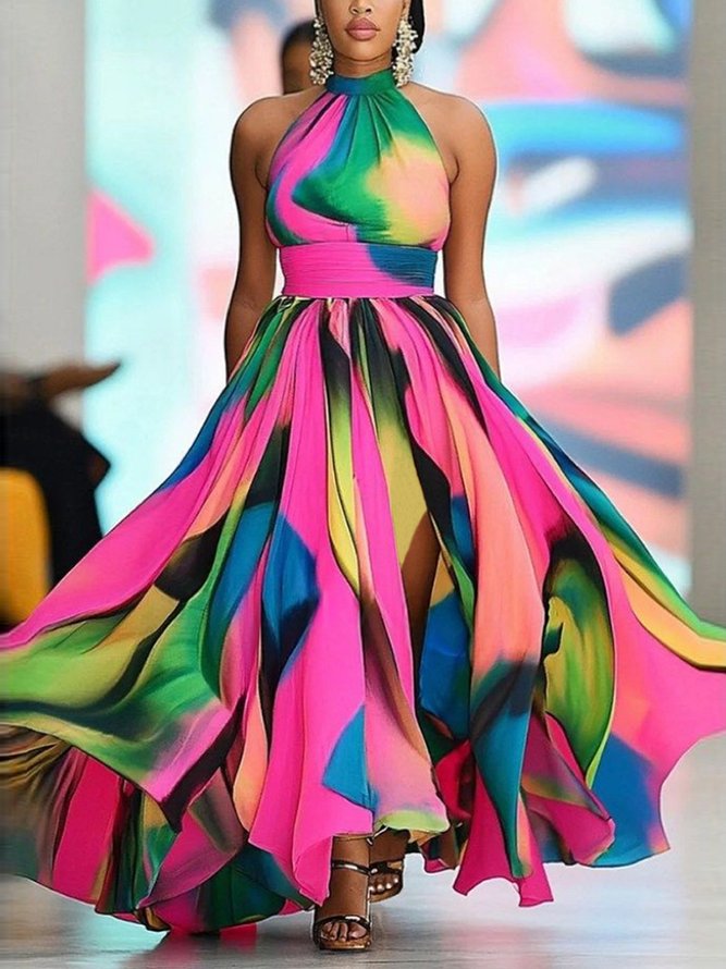 Vacation Random Print Side-Slit Stand Collar Maxi Dress With Belt