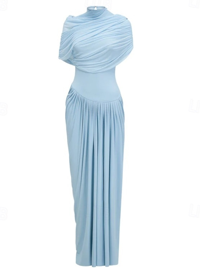 Elegant Plain Gathered Mock Neck Maxi Dress