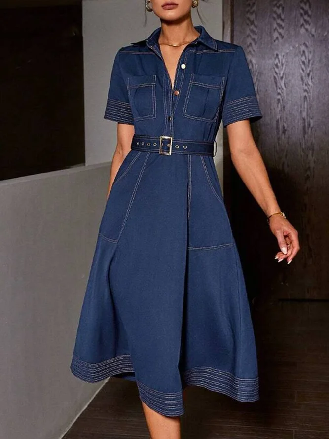 Denim Casual Plain Buttoned Midi Dress Wtih Belt