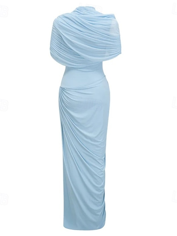 Elegant Plain Gathered Mock Neck Maxi Dress