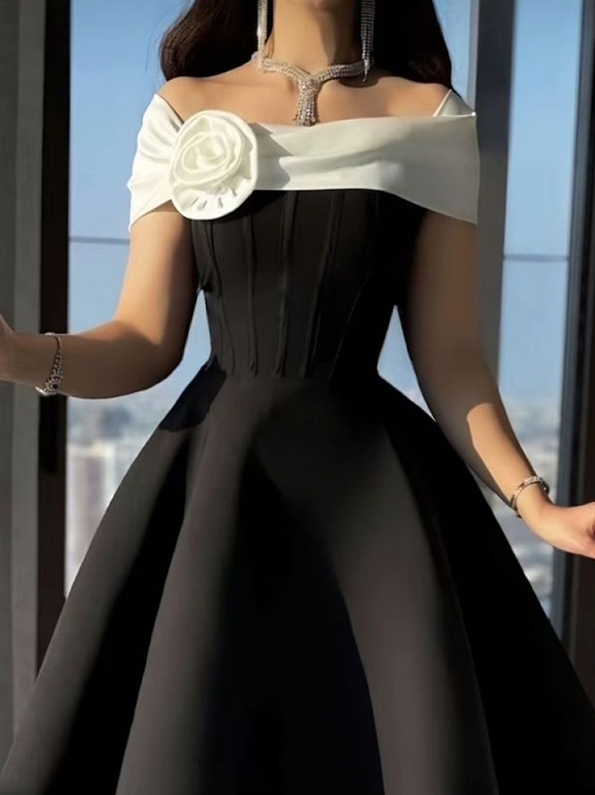 Elegant Color Block 3D Floral Knee Length Dress