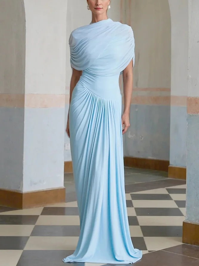 Elegant Plain Gathered Mock Neck Maxi Dress