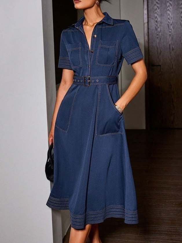 Denim Casual Plain Buttoned Midi Dress Wtih Belt