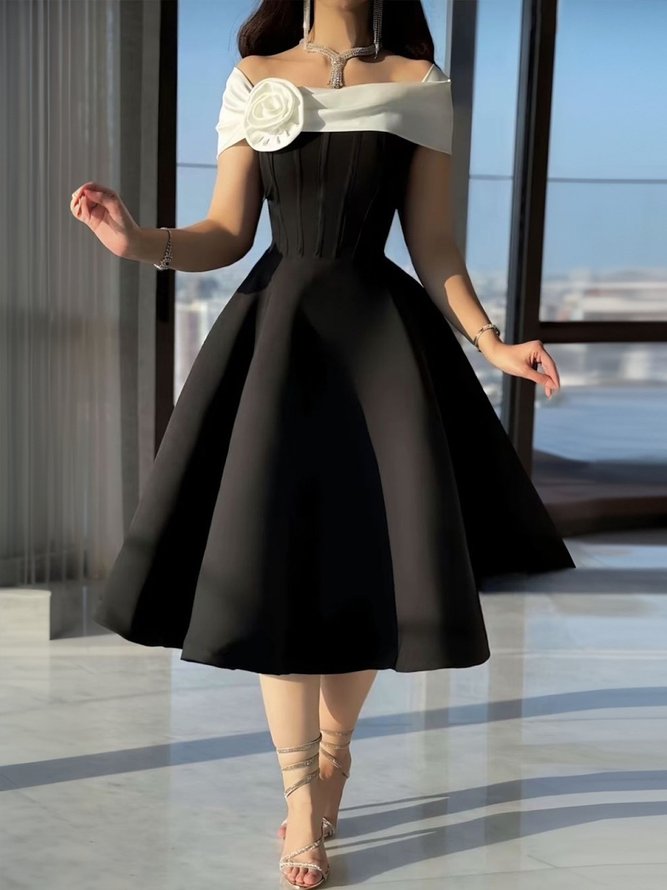Elegant Color Block 3D Floral Knee Length Dress
