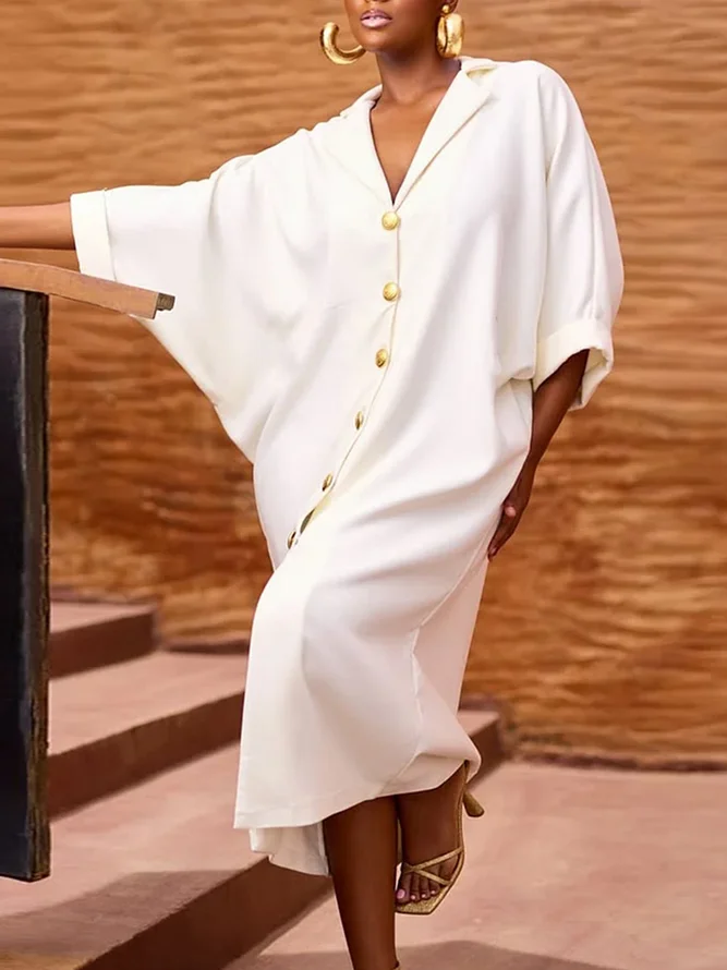 Urban Plain Buttoned Lapel Collar Midi Dress