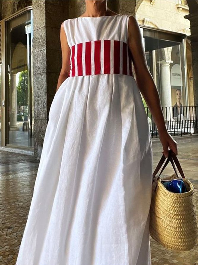 Cotton Casual Plain Crew Neck Maxi Dress With Belt