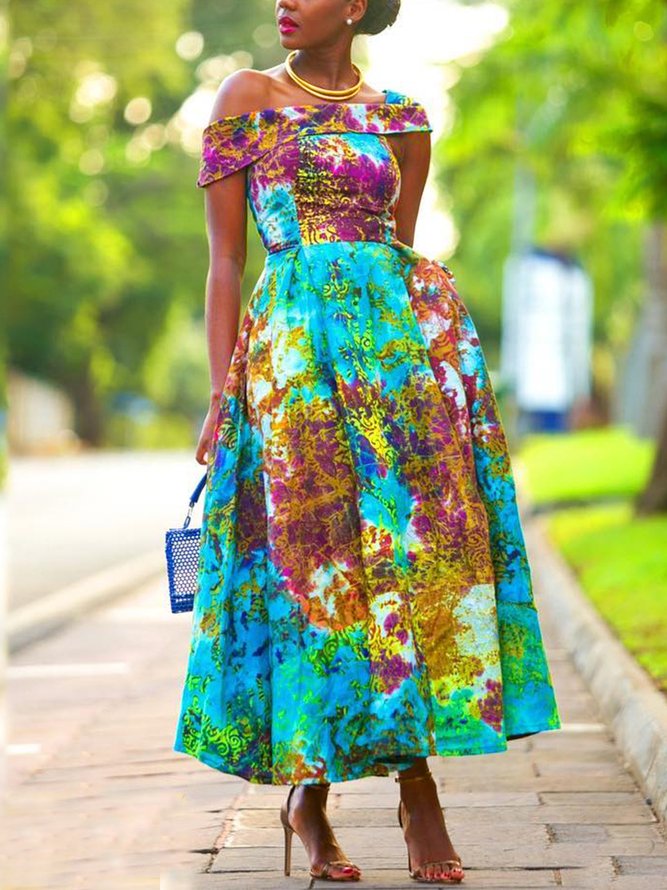 Elegant Random Print Printing Off The Shoulder Midi Dress