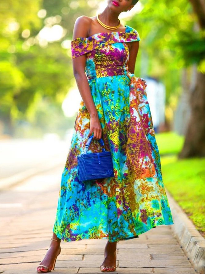 Elegant Random Print Printing Off The Shoulder Midi Dress