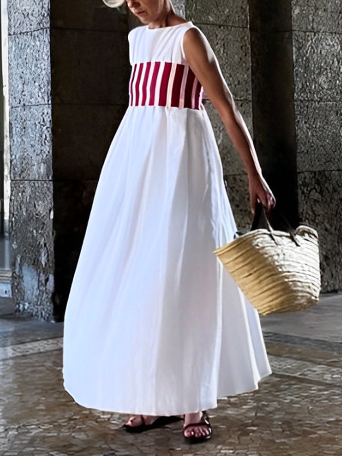 Cotton Casual Plain Crew Neck Maxi Dress With Belt