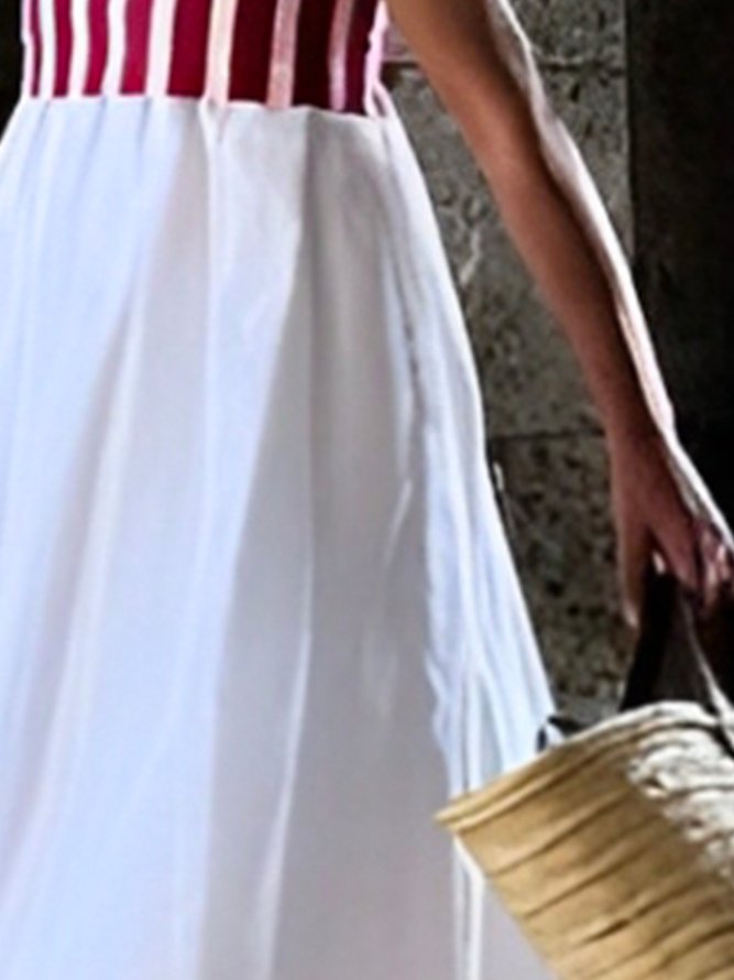 Cotton Casual Plain Crew Neck Maxi Dress With Belt