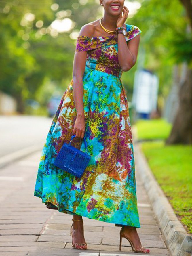 Elegant Random Print Printing Off The Shoulder Midi Dress