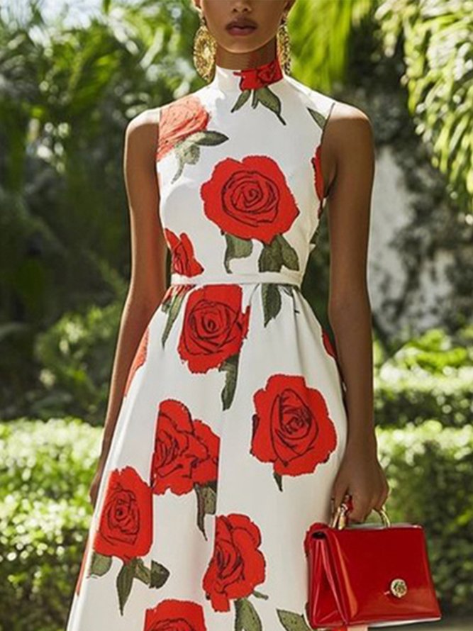 Elegant Floral Printing Stand Collar Midi Dress