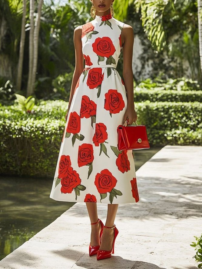 Elegant Floral Printing Stand Collar Midi Dress