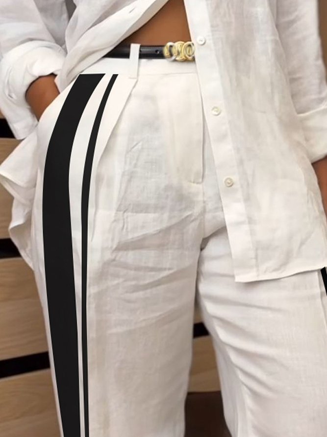 Linen blend Casual Color Block Straight Pants