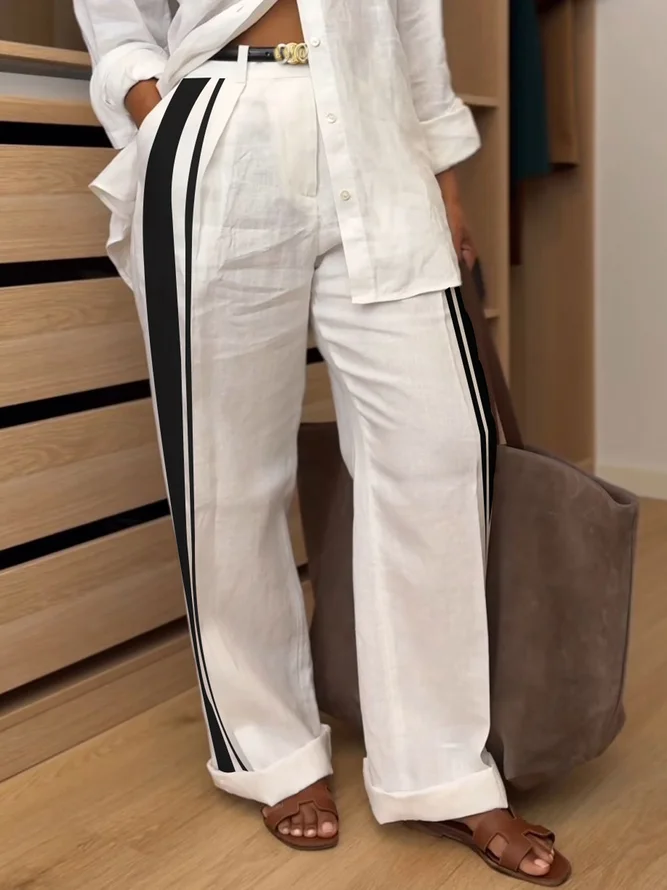 Linen blend Casual Color Block Straight Pants