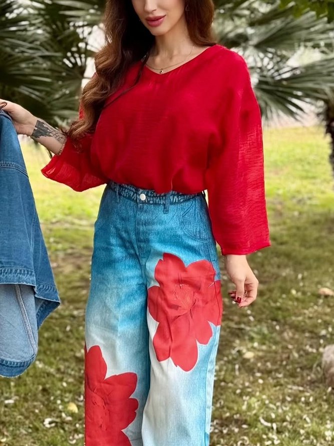Casual Denim Print Graphic Printing Floral Wide Leg Pants
