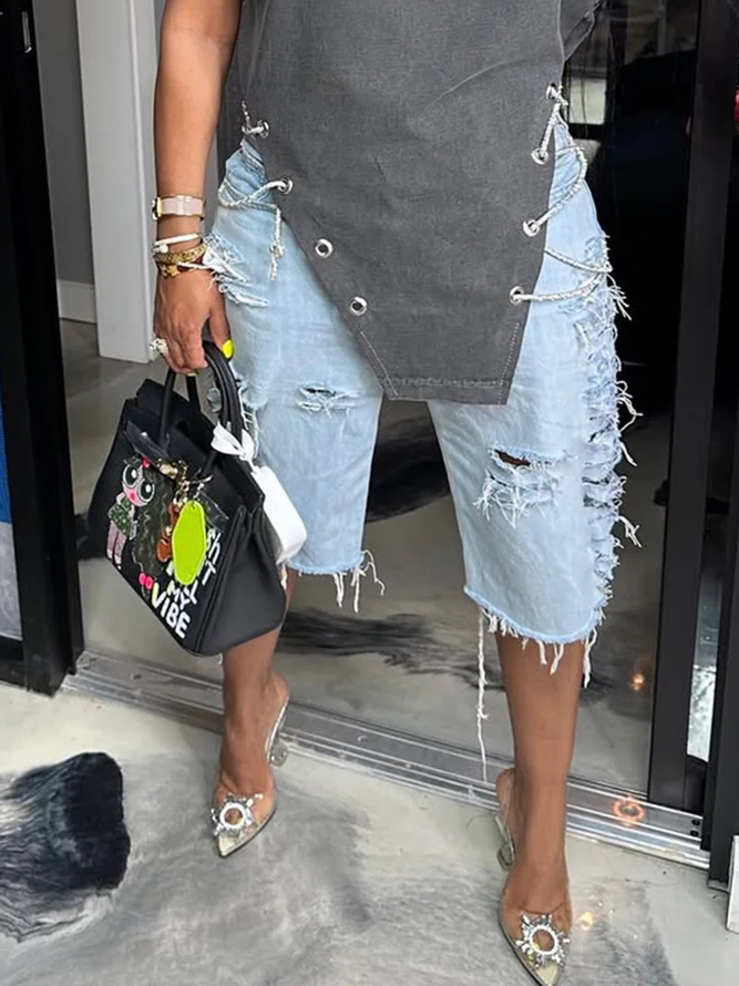 Plain Casual Denim Shorts