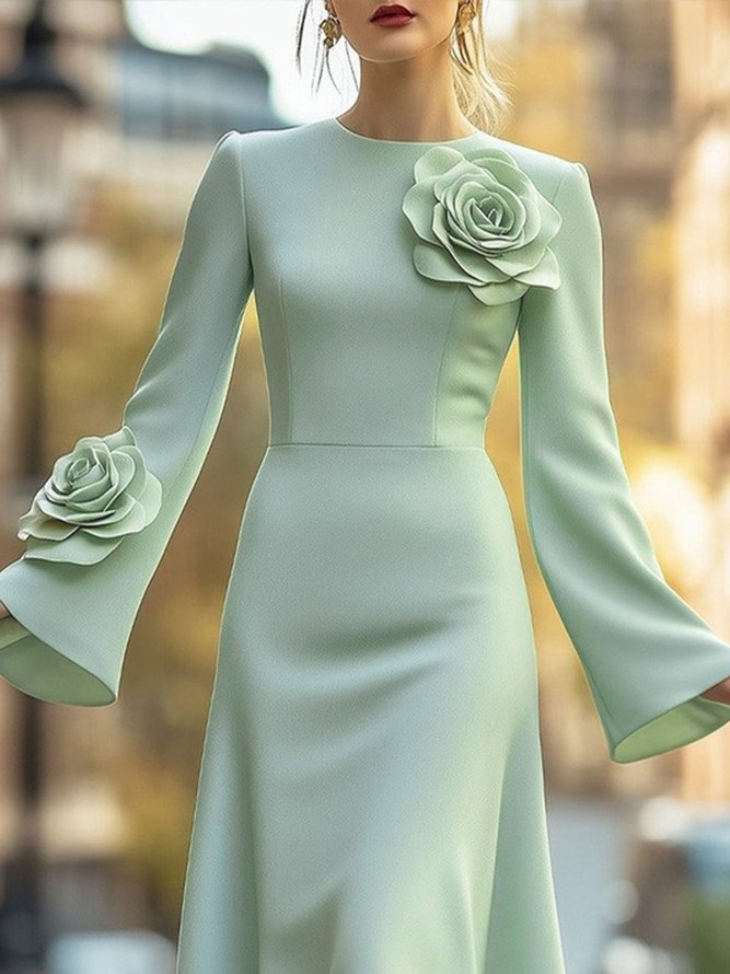 Elegant Bell Sleeve 3D Floral Crew Neck Knee Length Dress