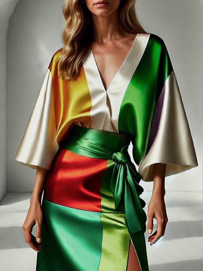 Urban Color Block V Neck Loosen Blouse