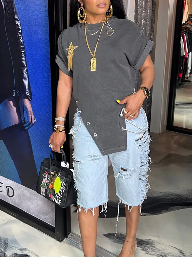 Plain Casual Denim Shorts