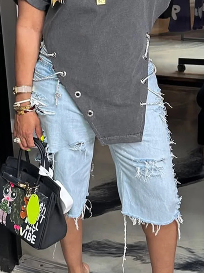 Plain Casual Denim Shorts