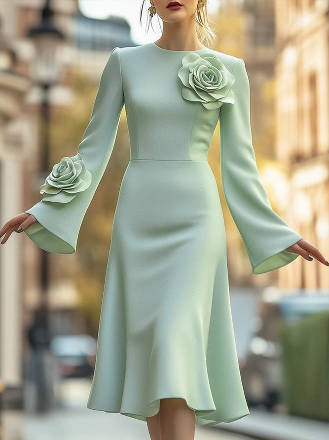 Elegant Bell Sleeve 3D Floral Crew Neck Knee Length Dress