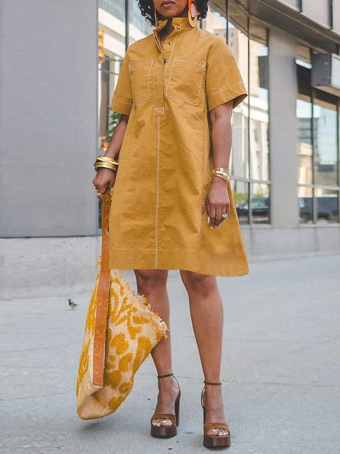 Casual Plain Buttoned Mini Dress
