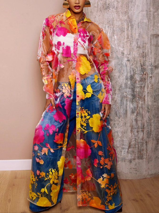 Vacation Floral Printing Shirt Collar Loosen Shirt