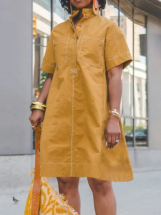 Casual Plain Buttoned Mini Dress