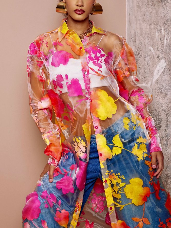 Vacation Floral Printing Shirt Collar Loosen Shirt