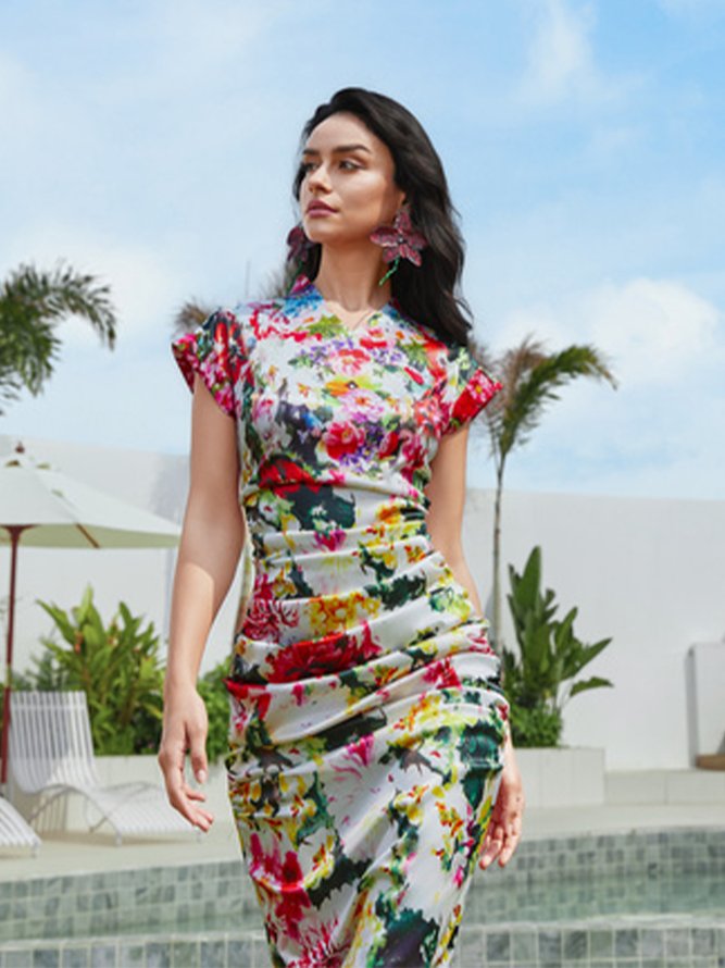 Elegant Floral V Neck Midi Dress