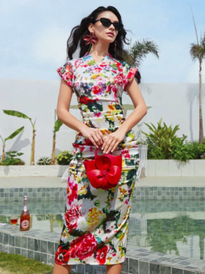Elegant Floral V Neck Midi Dress