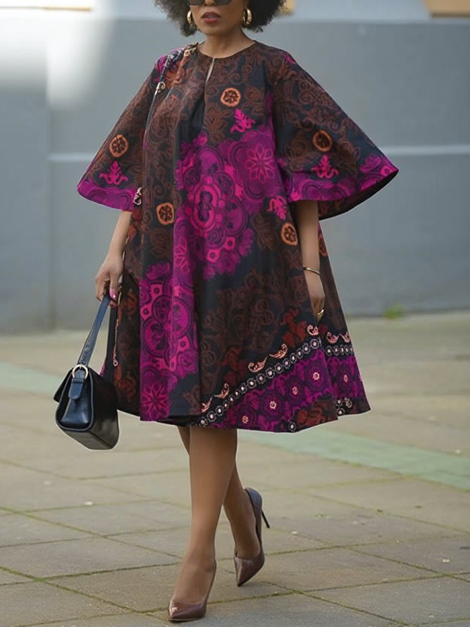 Elegant Random Print Bell Sleeve Printing Crew Neck Knee Length Dress