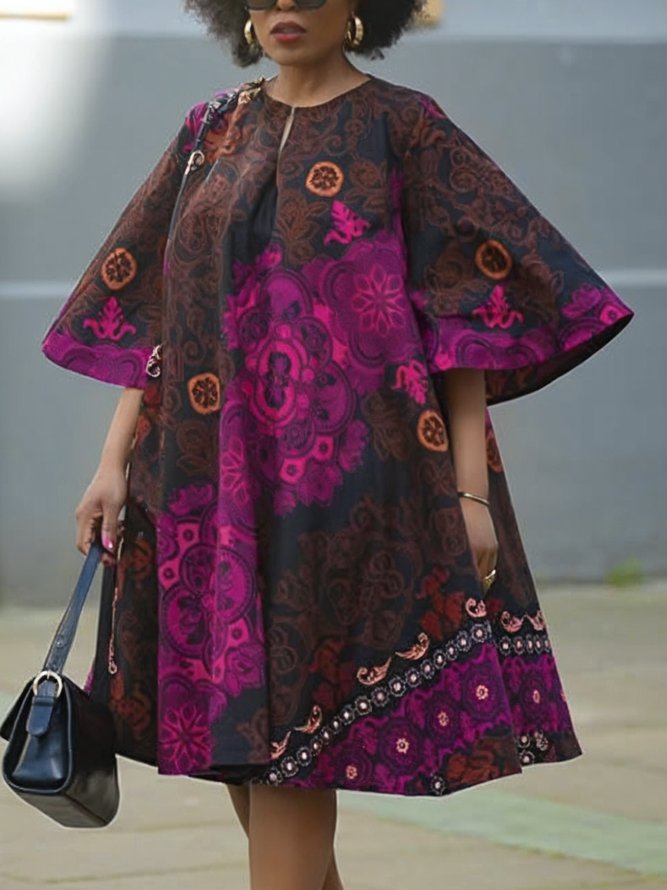 Elegant Random Print Bell Sleeve Printing Crew Neck Knee Length Dress