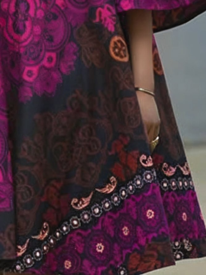Elegant Random Print Bell Sleeve Printing Crew Neck Knee Length Dress