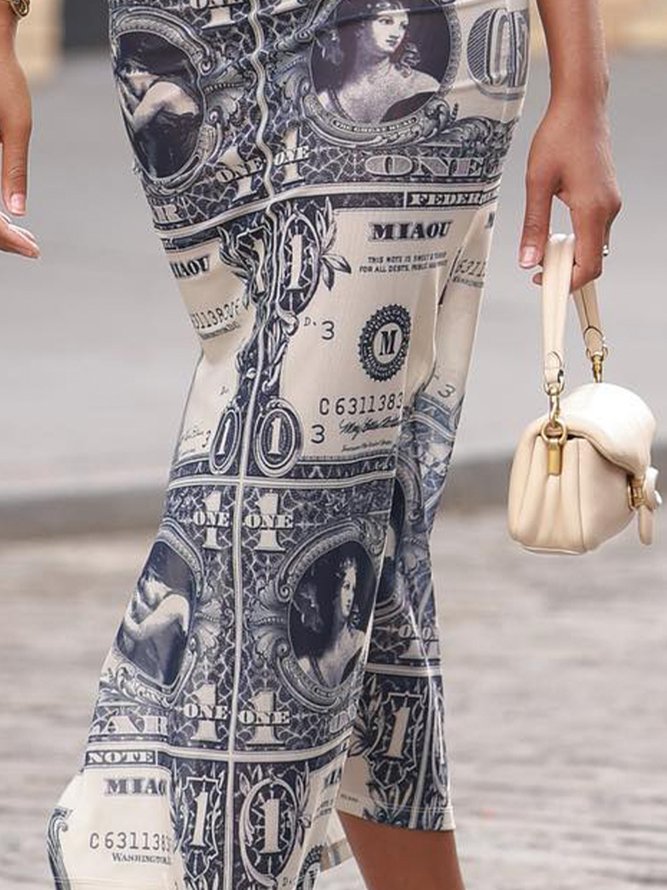 Casual Random Print Printing Crew Neck Midi Dress