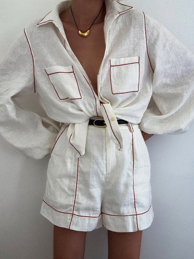 Cotton And Linen Casual Color Block  Shorts