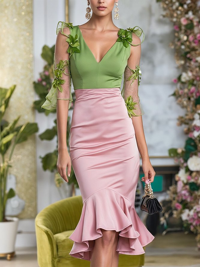 Elegant Color Block Split Joint V Neck Knee Length Dress