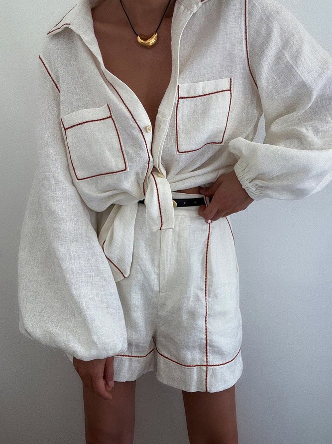 Cotton And Linen Casual Color Block  Shorts
