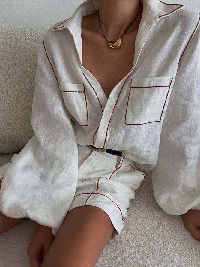 Cotton And Linen Casual Color Block  Shorts