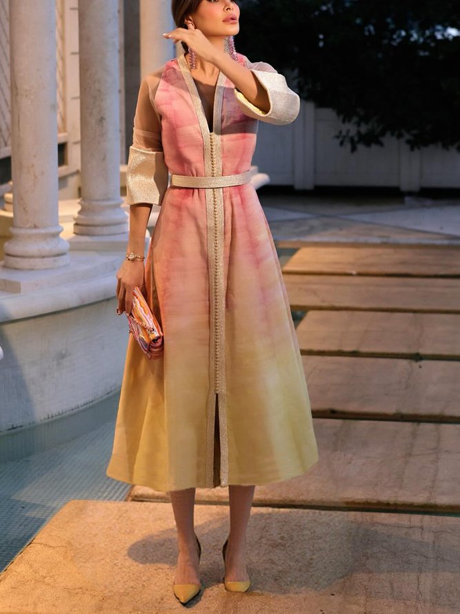 Elegant Gradient Pattern Split Joint V Neck Midi Party Dress With Belt