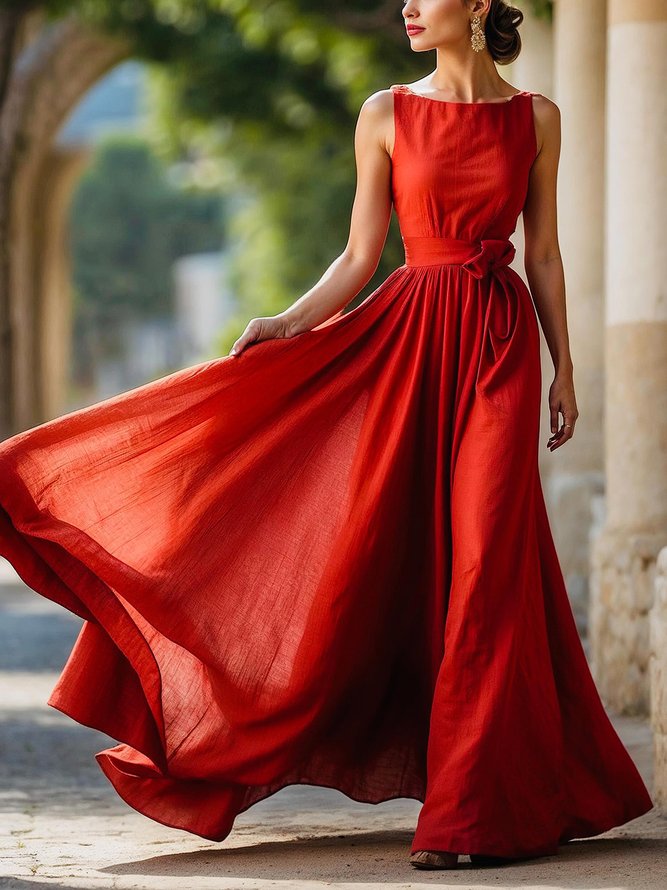 Cotton Casual Plain Distressing Crew Neck Maxi Dress With Belt