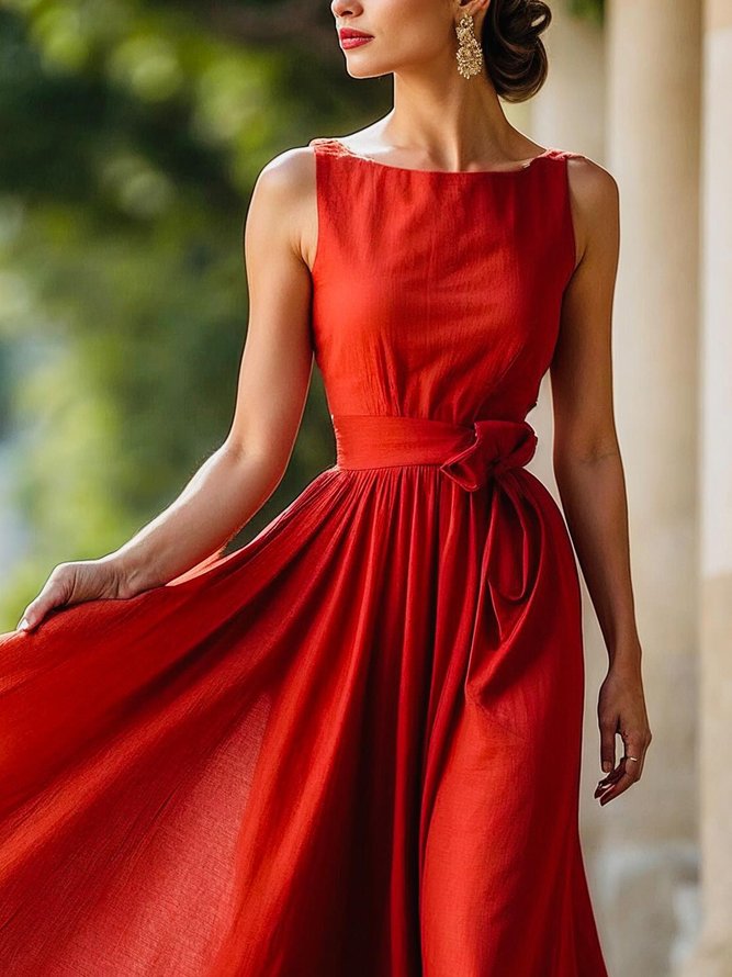 Cotton Casual Plain Distressing Crew Neck Maxi Dress With Belt
