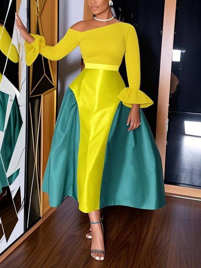Elegant Color Block Bell Sleeve Split Joint Asymmetrical Midi Party Dress