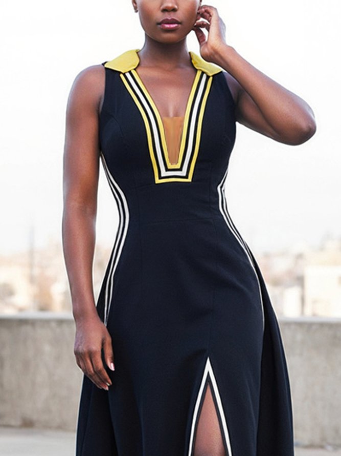 Urban Color Block Webbing Shawl Collar Maxi Dress