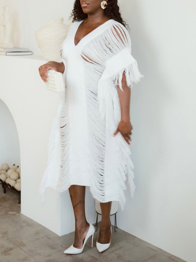 Elegant Multicolor Block Raglan Sleeve Tassel V Neck Midi Sweater Dress